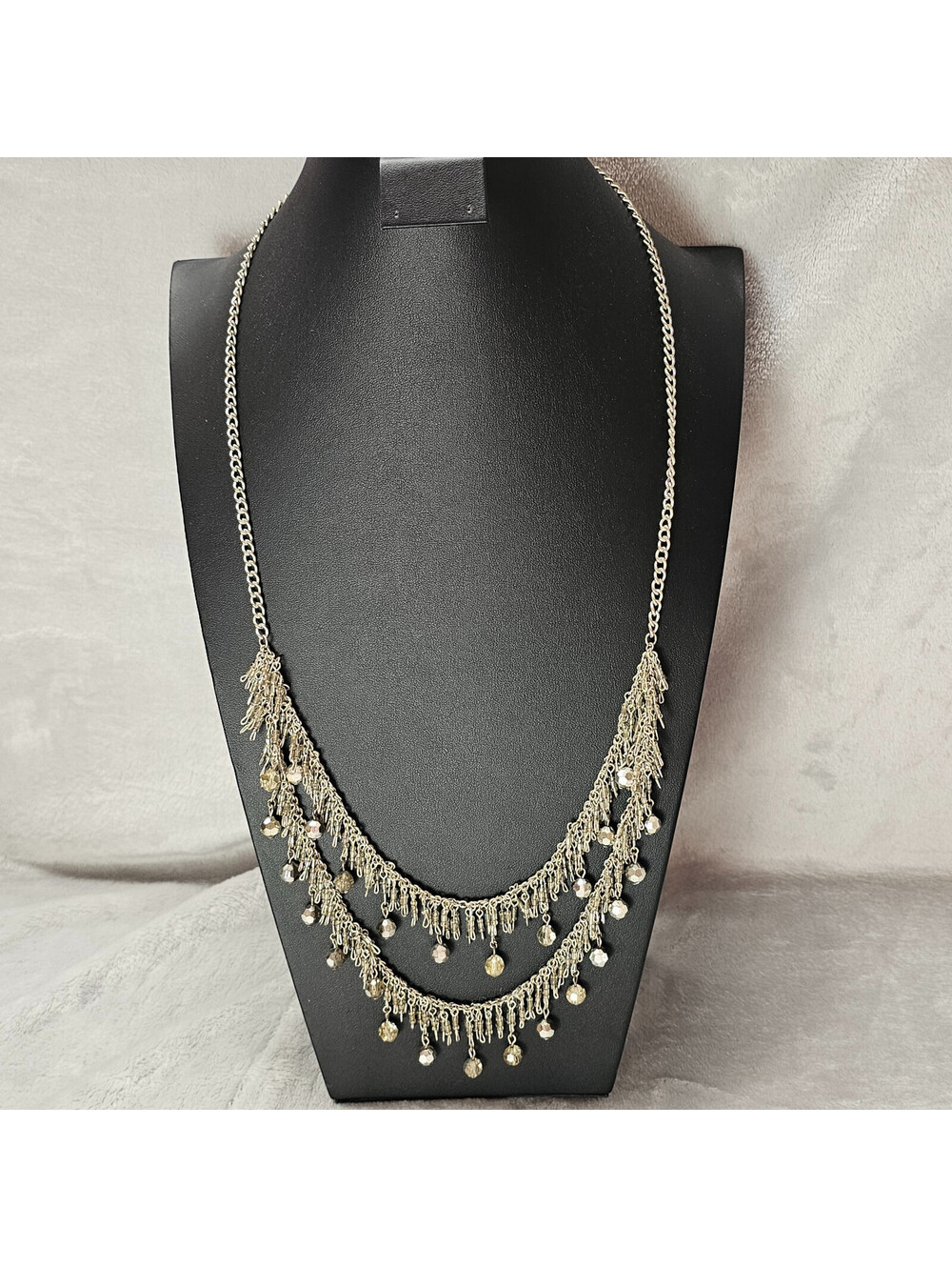 Simply Vera Wang Necklace Silver Tone Fringe Crystal Bead Double Strand Layered
